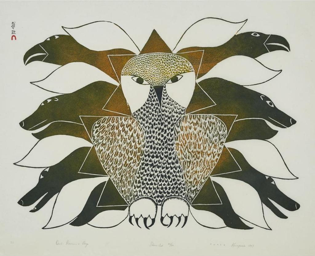 Kenojuak Ashevak (1927-2013) - Owl, Ravens, And Dogs