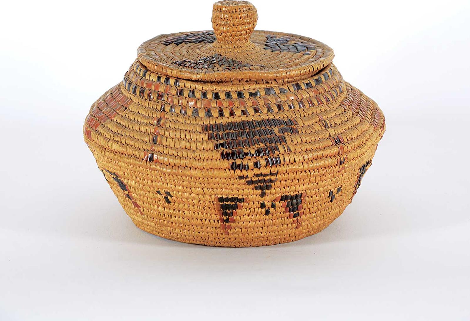 Northwest Coast First Nations School - Round Lidded Basket with Geometric Patterns