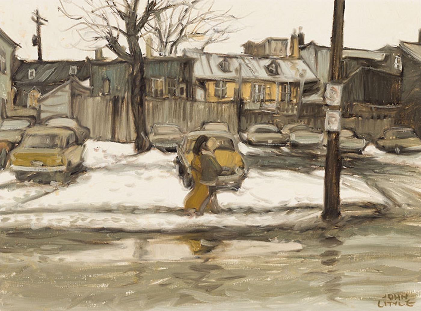 John Geoffrey Caruthers Little (1928-1984) - Deux jeunes filles avec une flaque d'eau, rue de la Salle, Québec