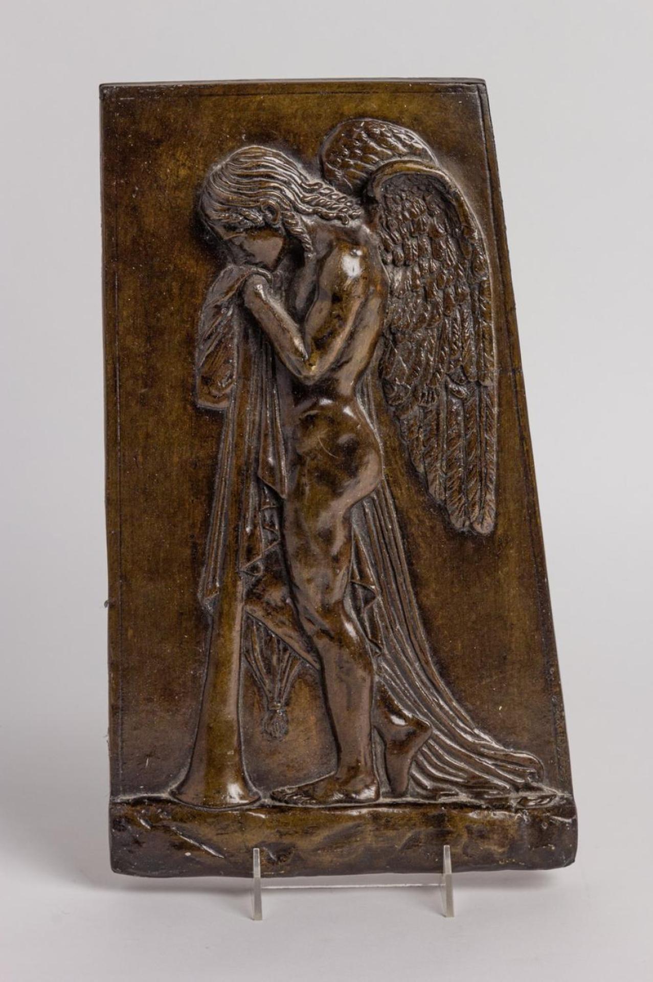 Louise Solecki Weir - a ceramic plaque depicting an angel bowed over a trumpet