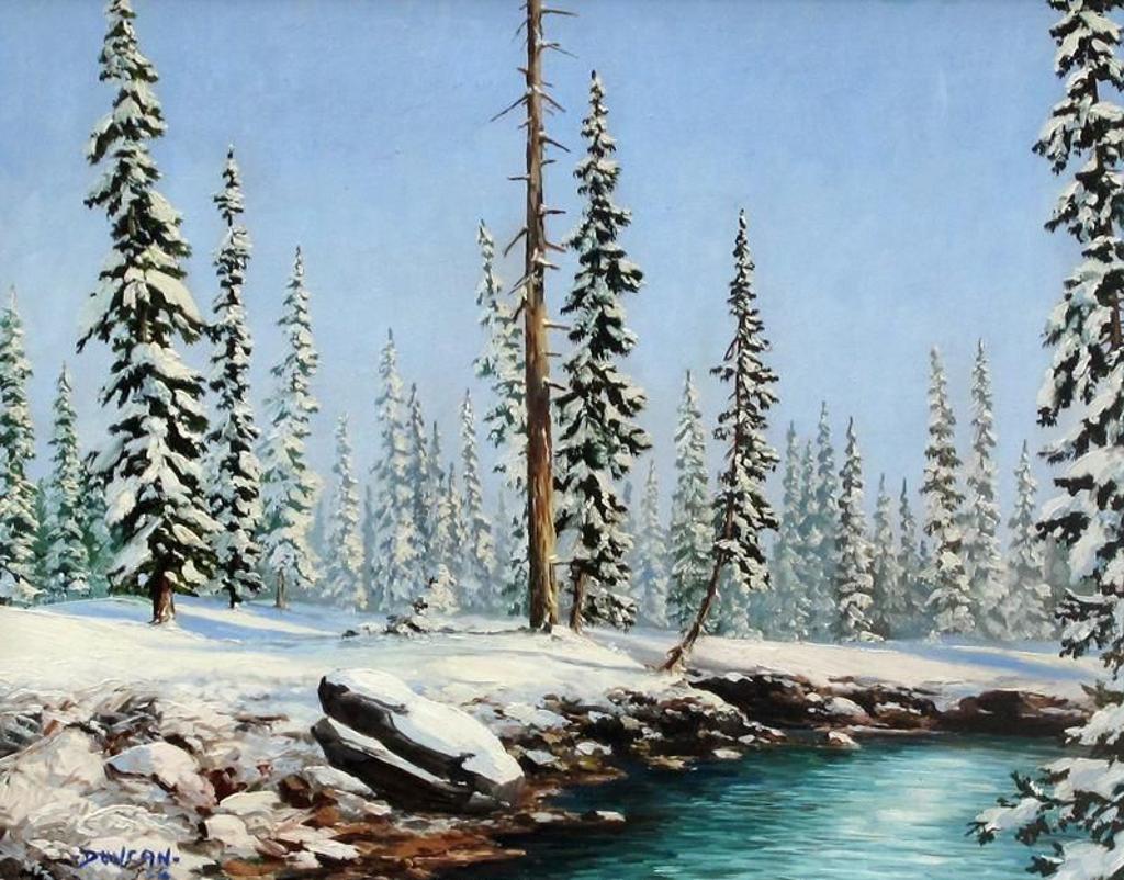 Duncan Mackinnon Crockford (1922-1991) - River Scene With Snow-Capped Pines; 1956