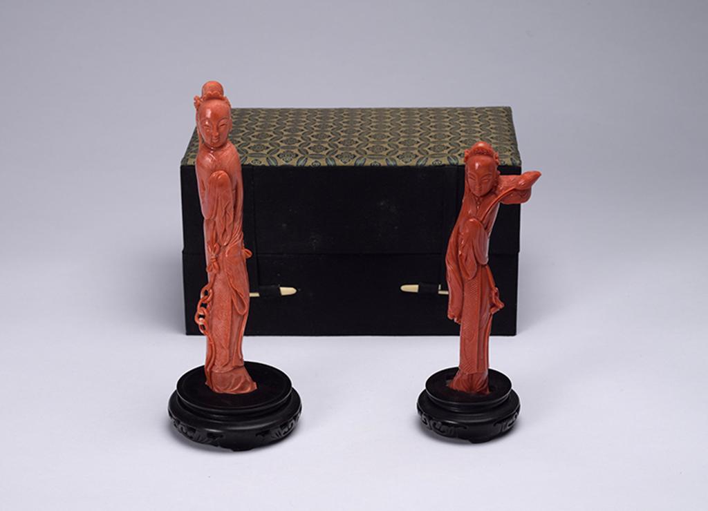 Chinese Art - Two Chinese Coral Carved Ladies, First Half 20th Century