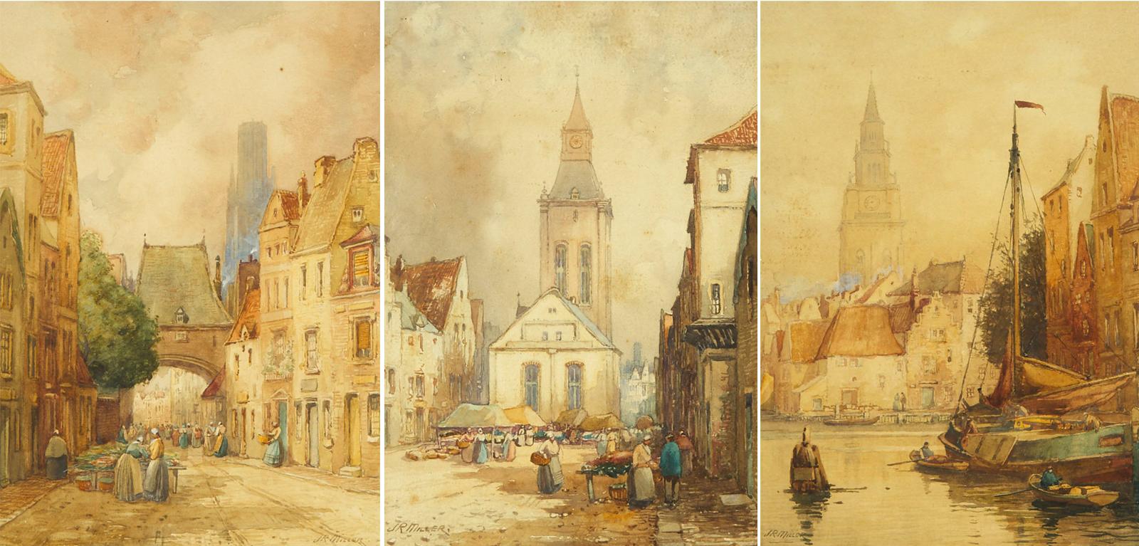 James Robertson Miller (1880-1912) - Street In Rouen; Church Of St. Germains, Tirlemont; Canal, Ghent;