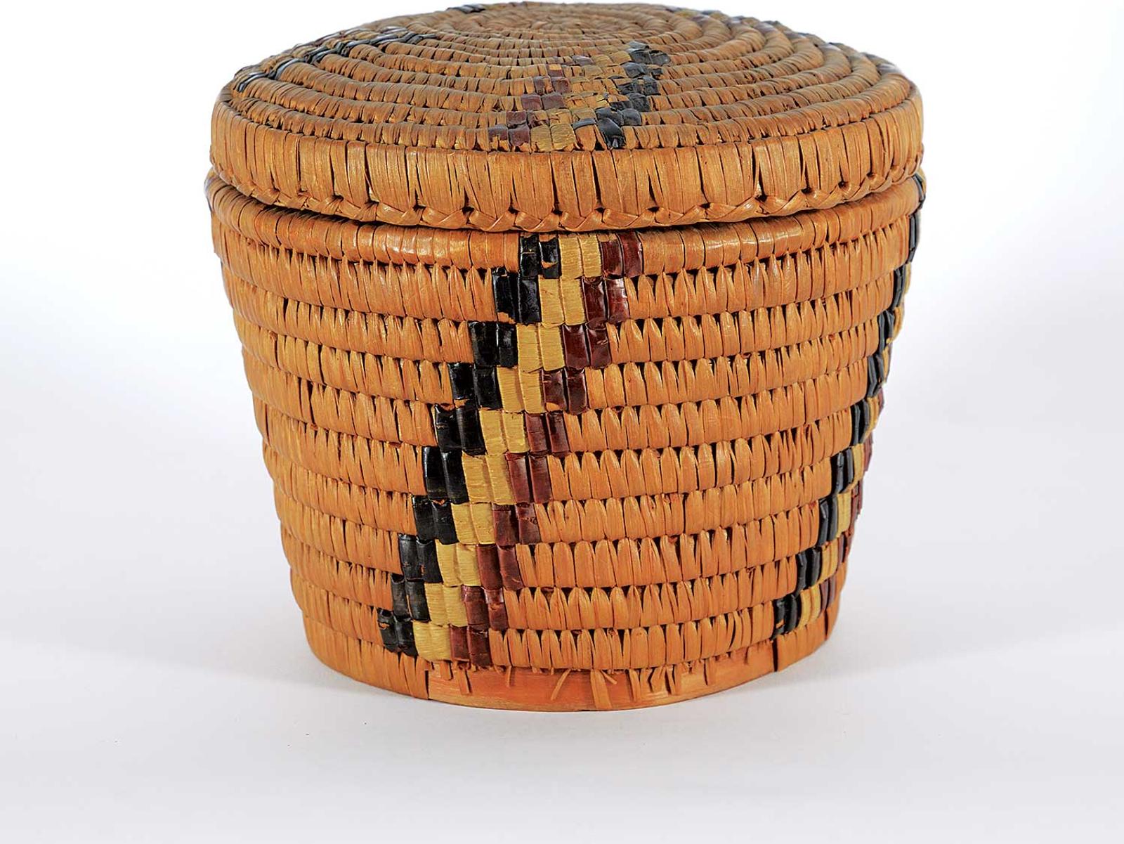 Northwest Coast First Nations School - Round Lidded Basket with Brown, White and Black Stripes