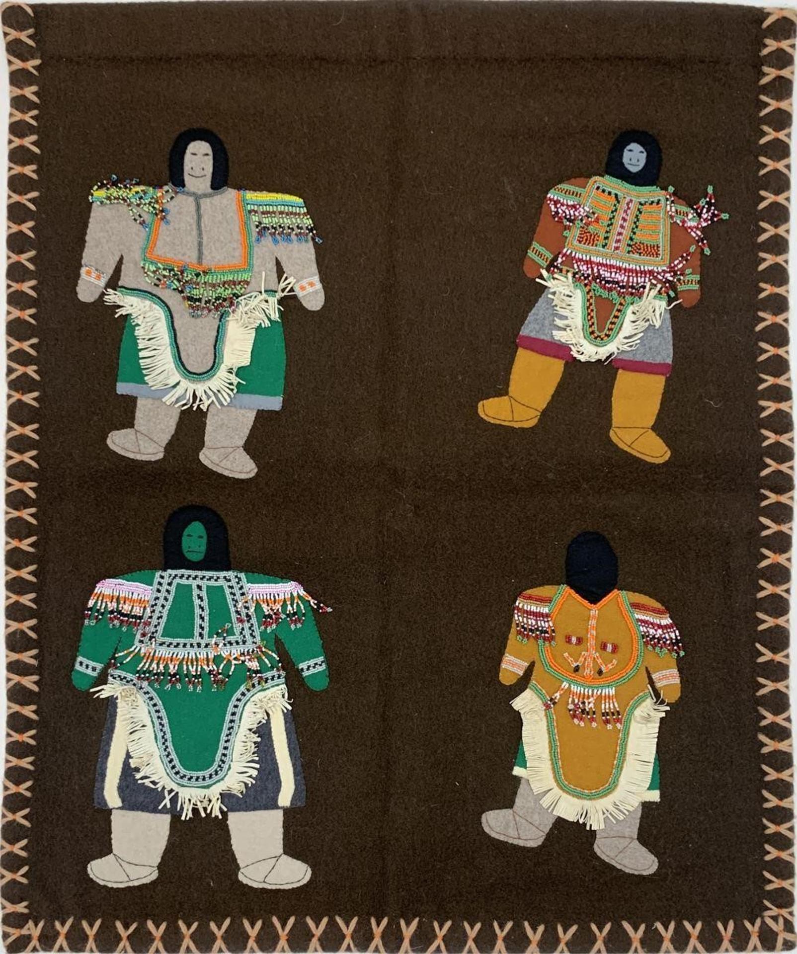 Inuit Beaded Wall Hanging - a wool and felt wall hanging, hand stitched and embellished extensively with beading and leather work, depicting Four Standing Figures