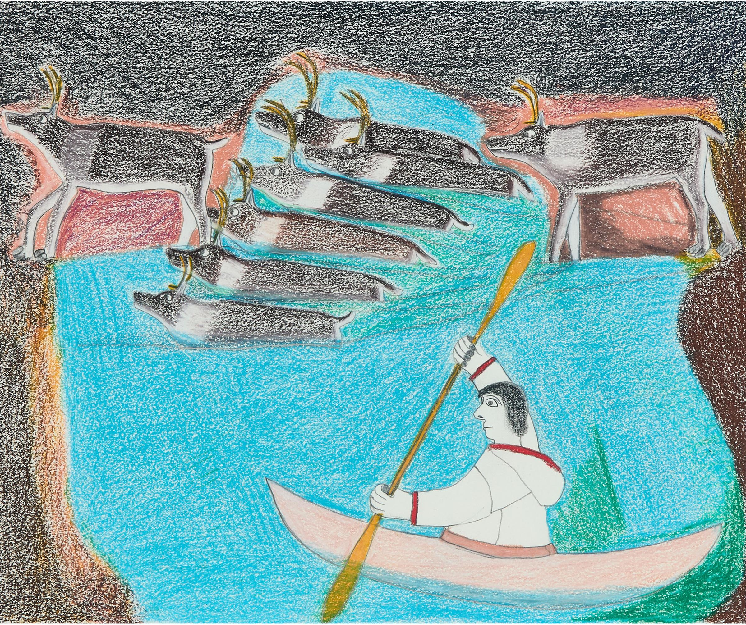 Janet Kigusiuq (1926-2005) - Untitled (Man In Kayak And Caribou Crossing)