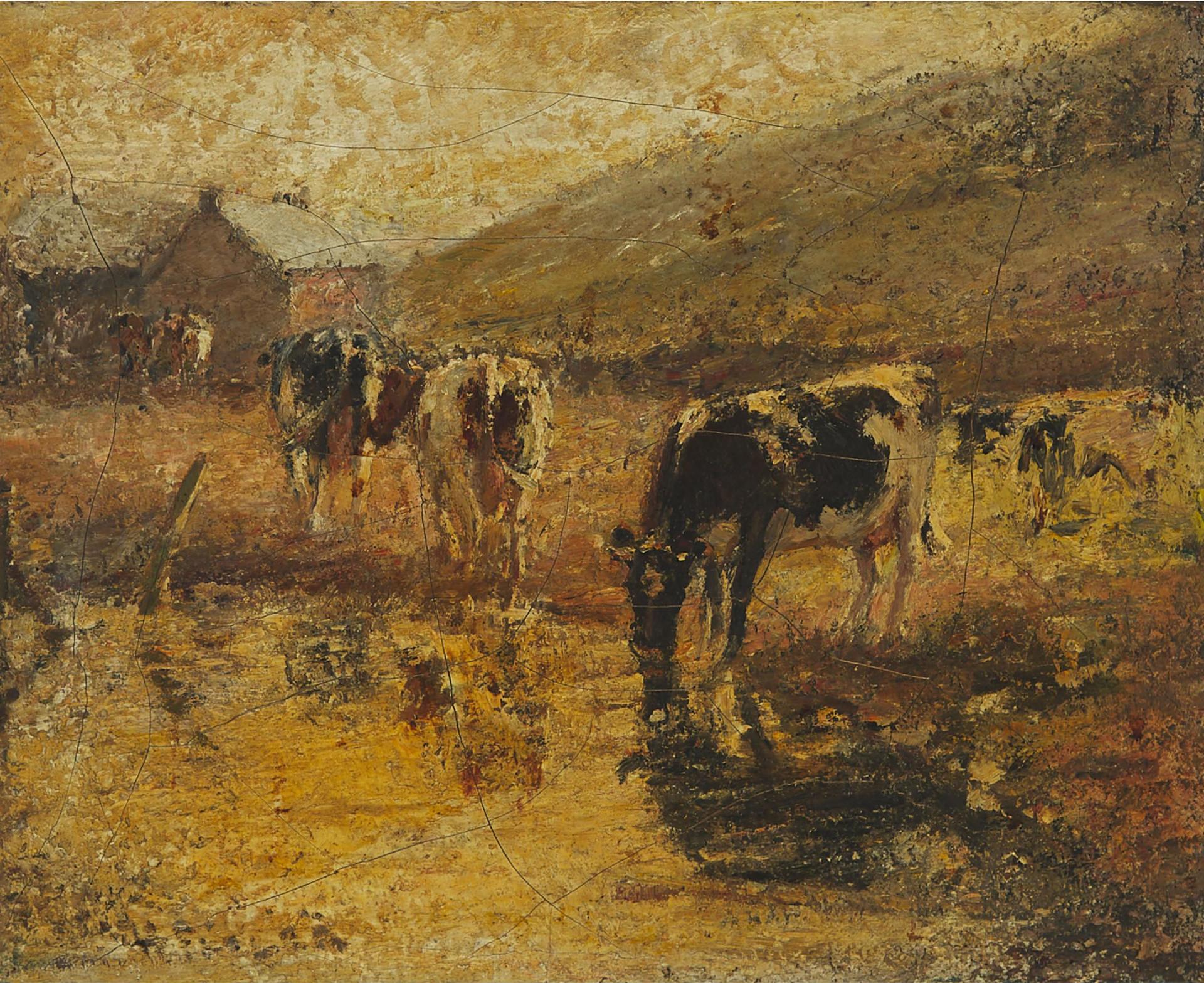 Harry Fidler (1856-1935) - A Scotch Farm (Cows Drinking)