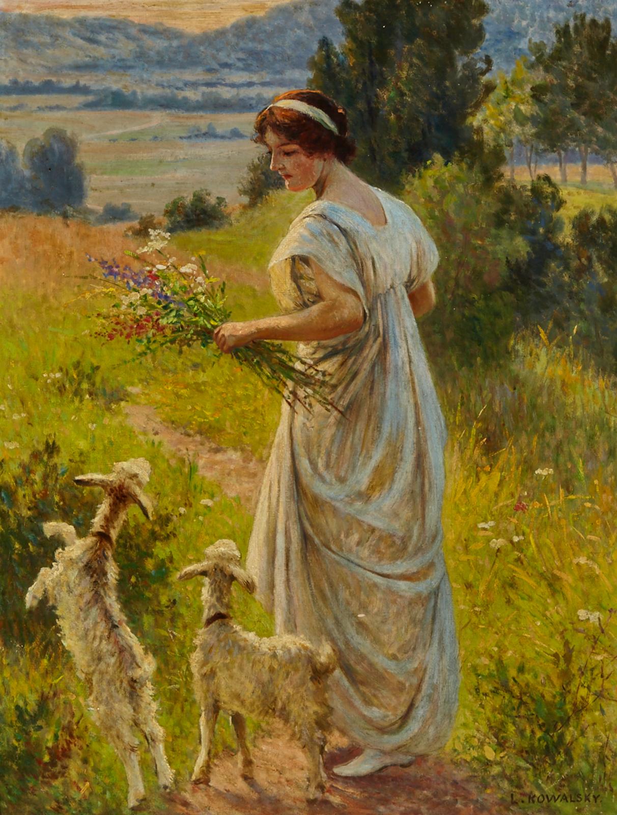 Leopold Franz (Francois) Kowalsky (1856-1931) - Maiden And Lambs In A Sunlit Glade