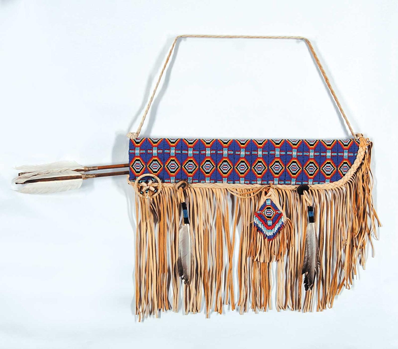 First Nations Basket School - Beaded Leather Quiver with Satchel and Two Arrows