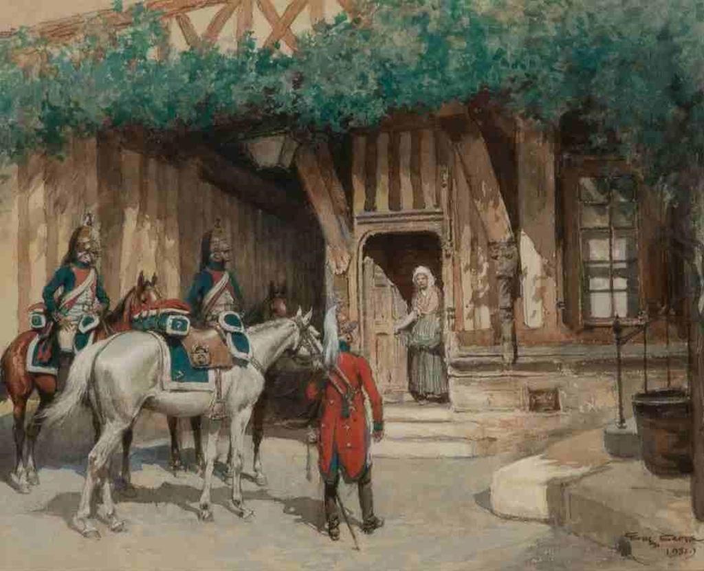 Georges Bertin Scott (1873-1942) - Officers Stopped Outside an Inn for Rest