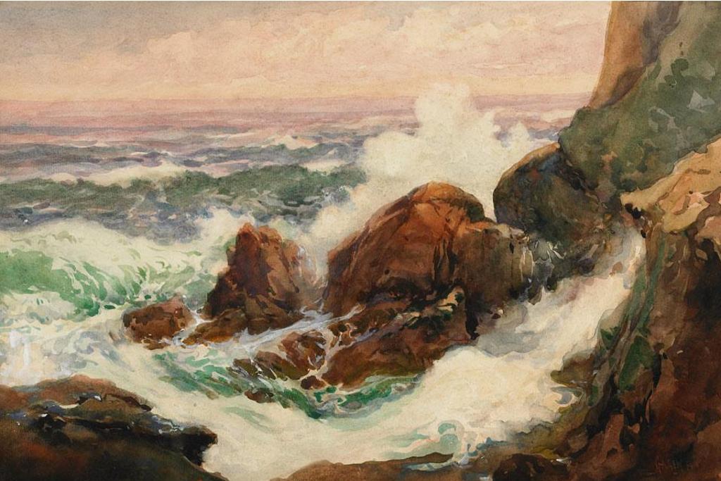 Robert Ford Gagen (1847-1926) - Waves Crashing Over Rocks