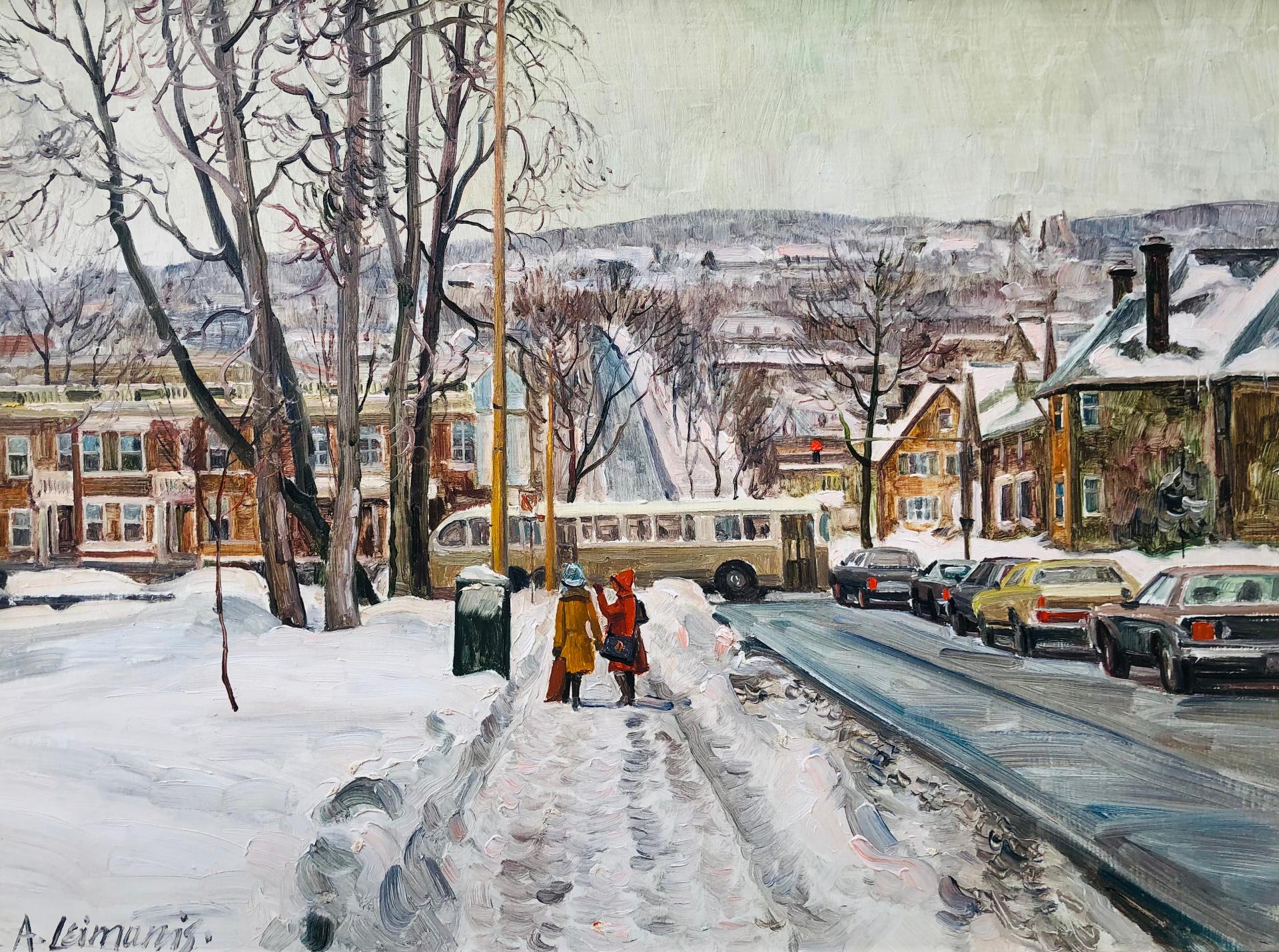 Andris Leimanis (1938) - Clark ave. in Westmount, corner Sherbrooke st. with snow covered Mount Royal in the background, 1977