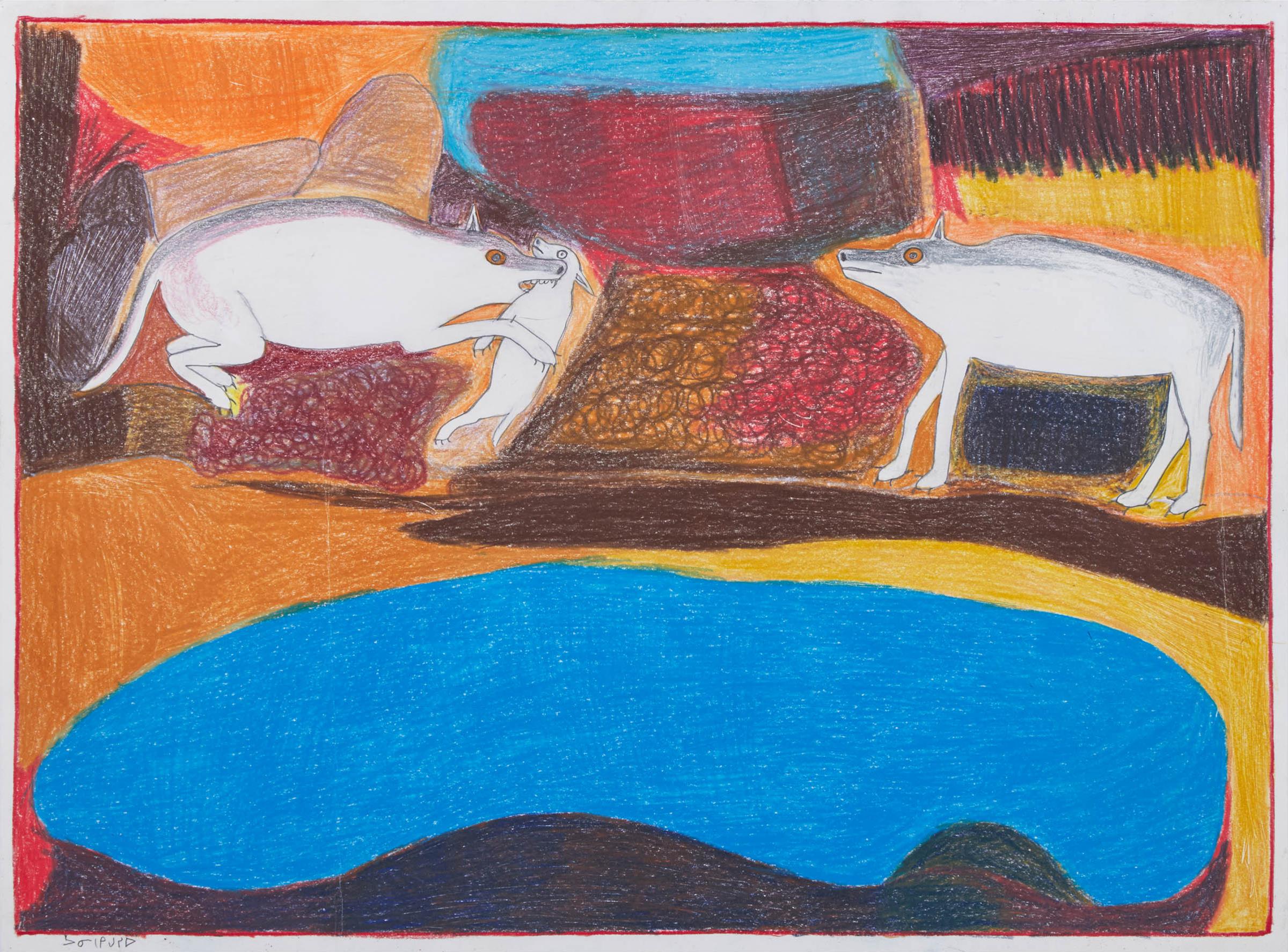 Janet Kigusiuq (1926-2005) - Untitled (Wolves With Prey)