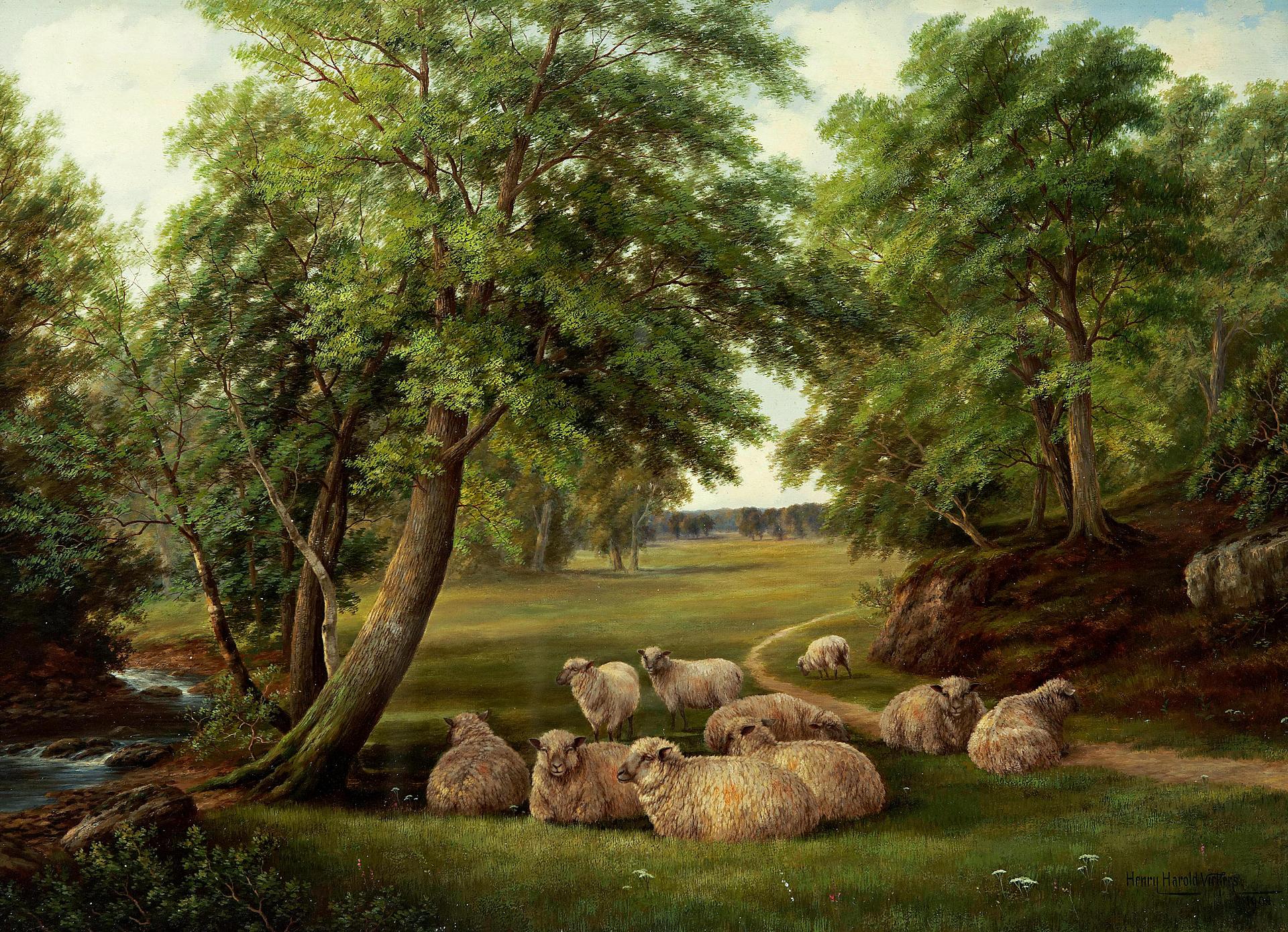 Henry Harold Vickers (1851-1918) - Sheep resting in a landscape