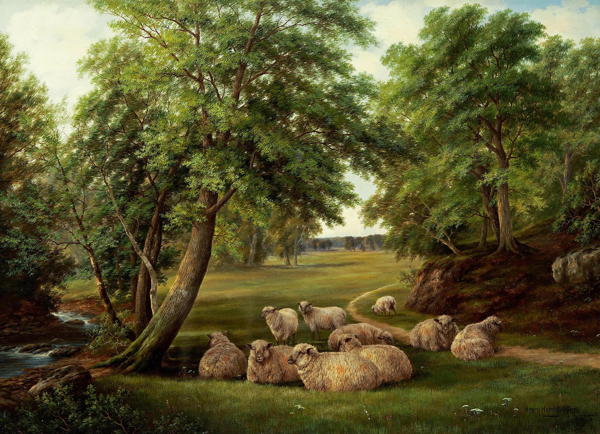 Sheep resting in a landscape - oil painting - made by Henry Harold ...