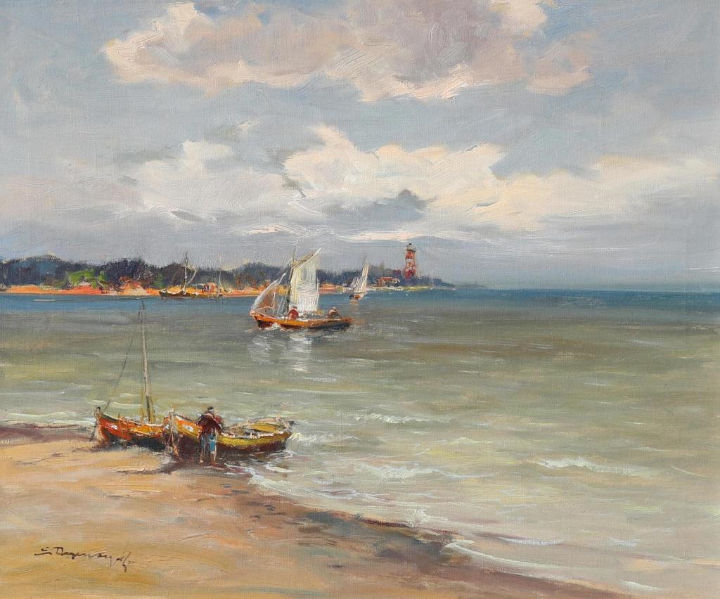 Eugeniusz Dzierzencki (1904-1994) - Coastal Scene With A Fisherman Tending To His Boats