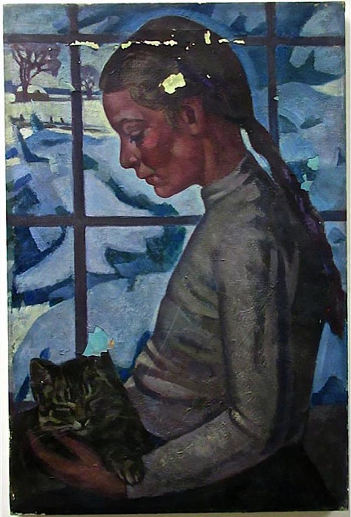 Yulia Biriukova (1897-1972) - Profile Of Young Girl With Cat