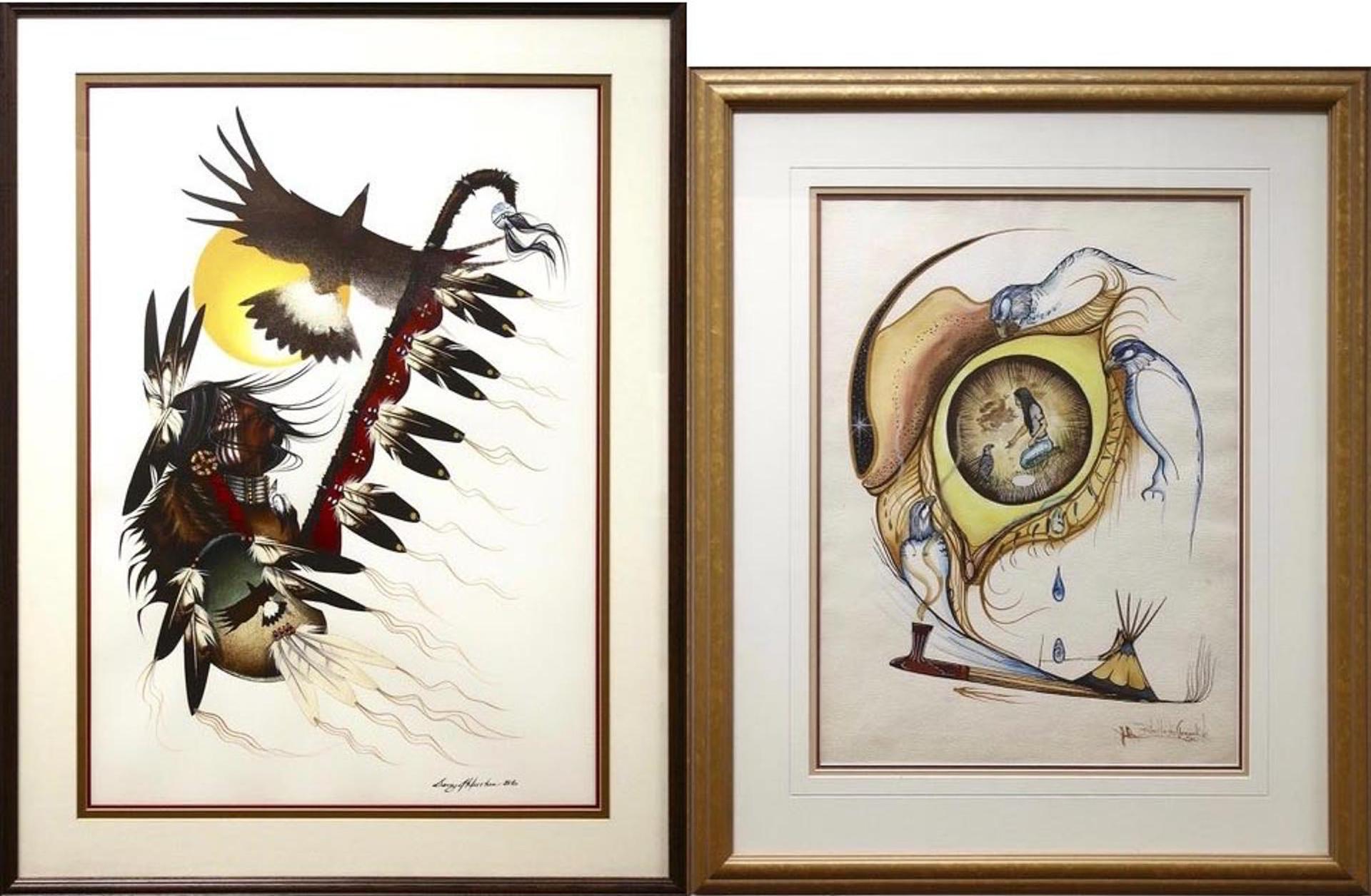 Garry J. Meeches (1957) - Untitled (Warrior With Eagle And Sun) & Untitled (Peace Pipe With Birds)