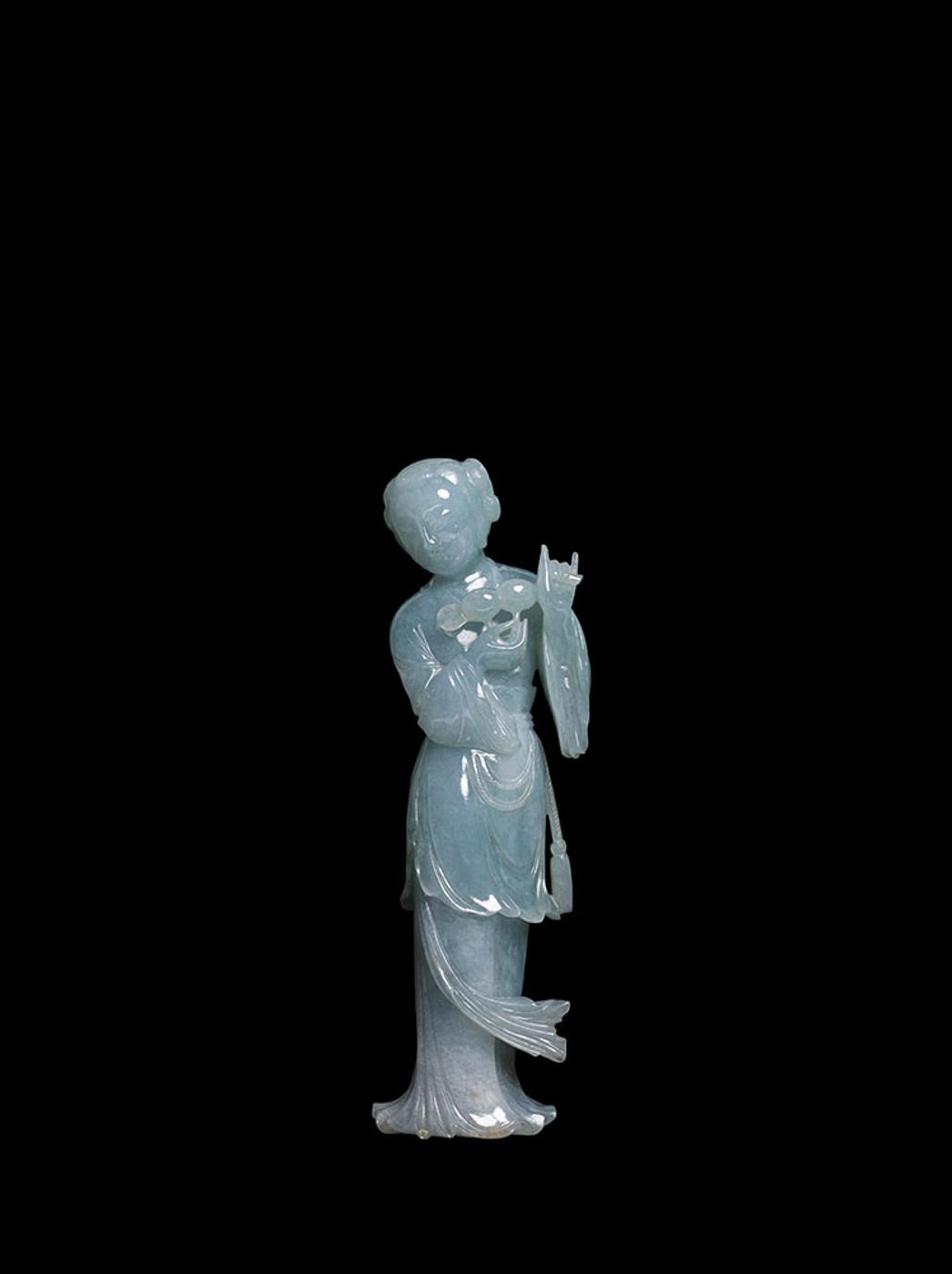 Chinese Art - A Greyish Green Jadeite Carved Figure of a Maiden, Republican Period
