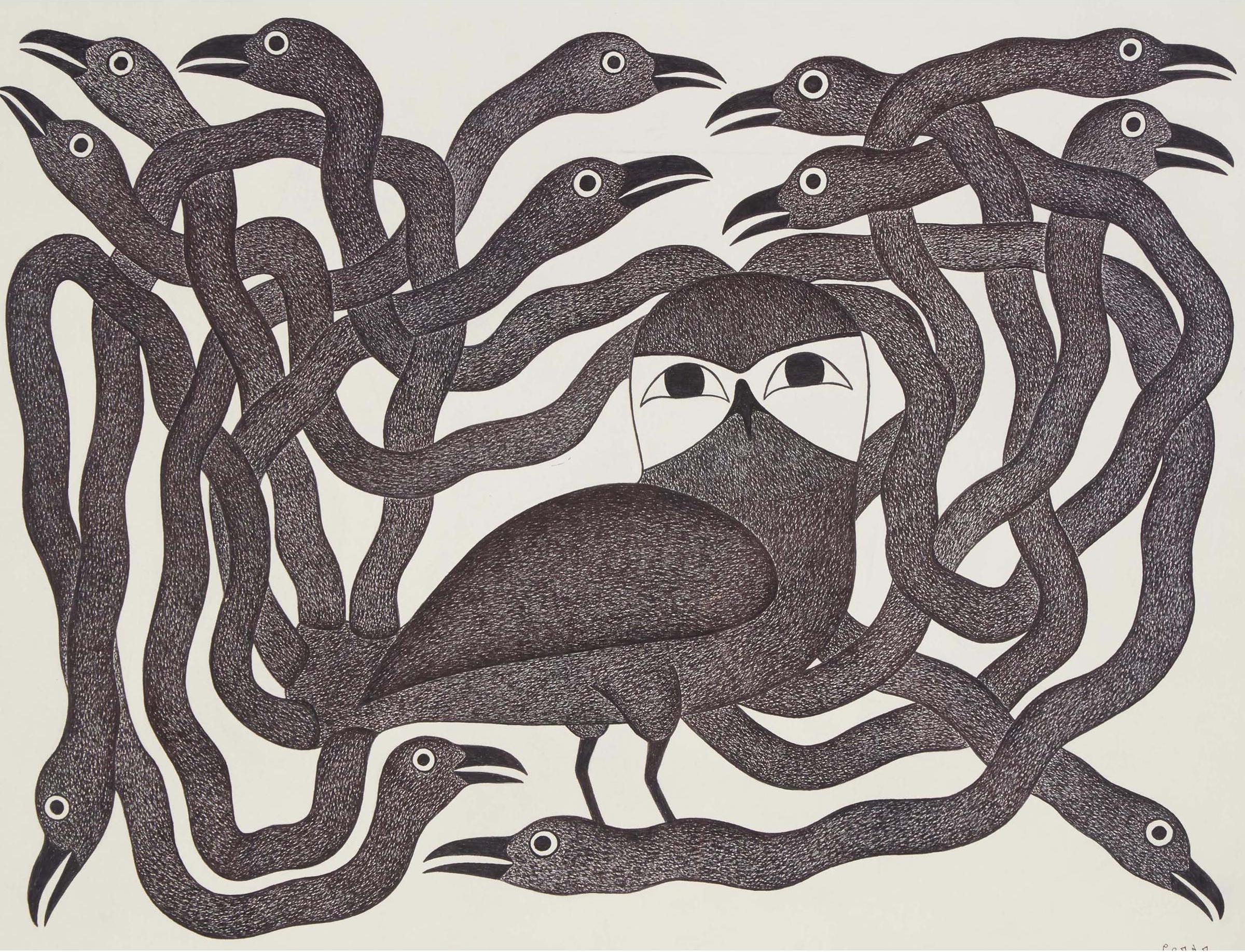 Kenojuak Ashevak (1927-2013) - Untitled (Owl With Entwined Ravens), 2002/2003