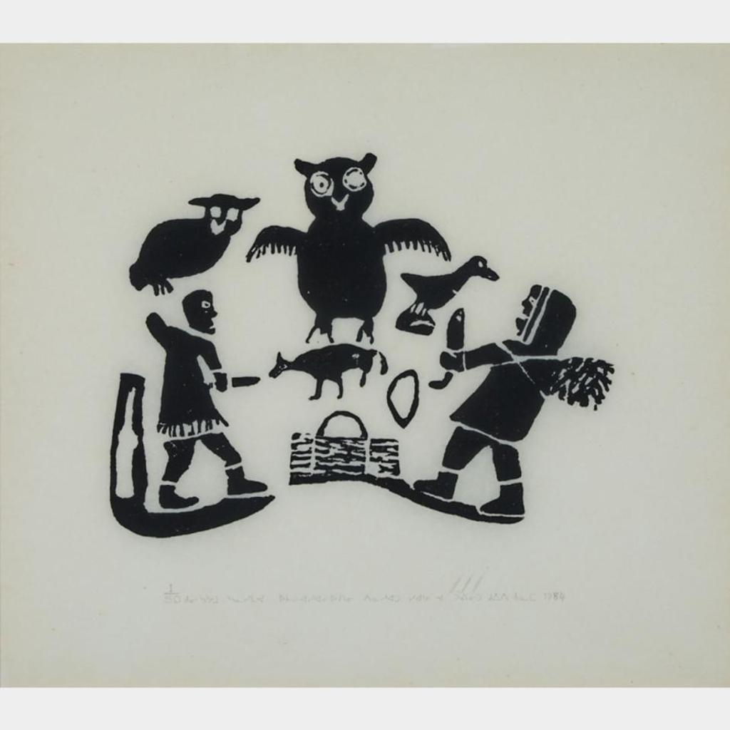 Sarah Joe Qinuajua (1917-1986) - Making A Rabbit Snare; A Family Running From A Polar Bear