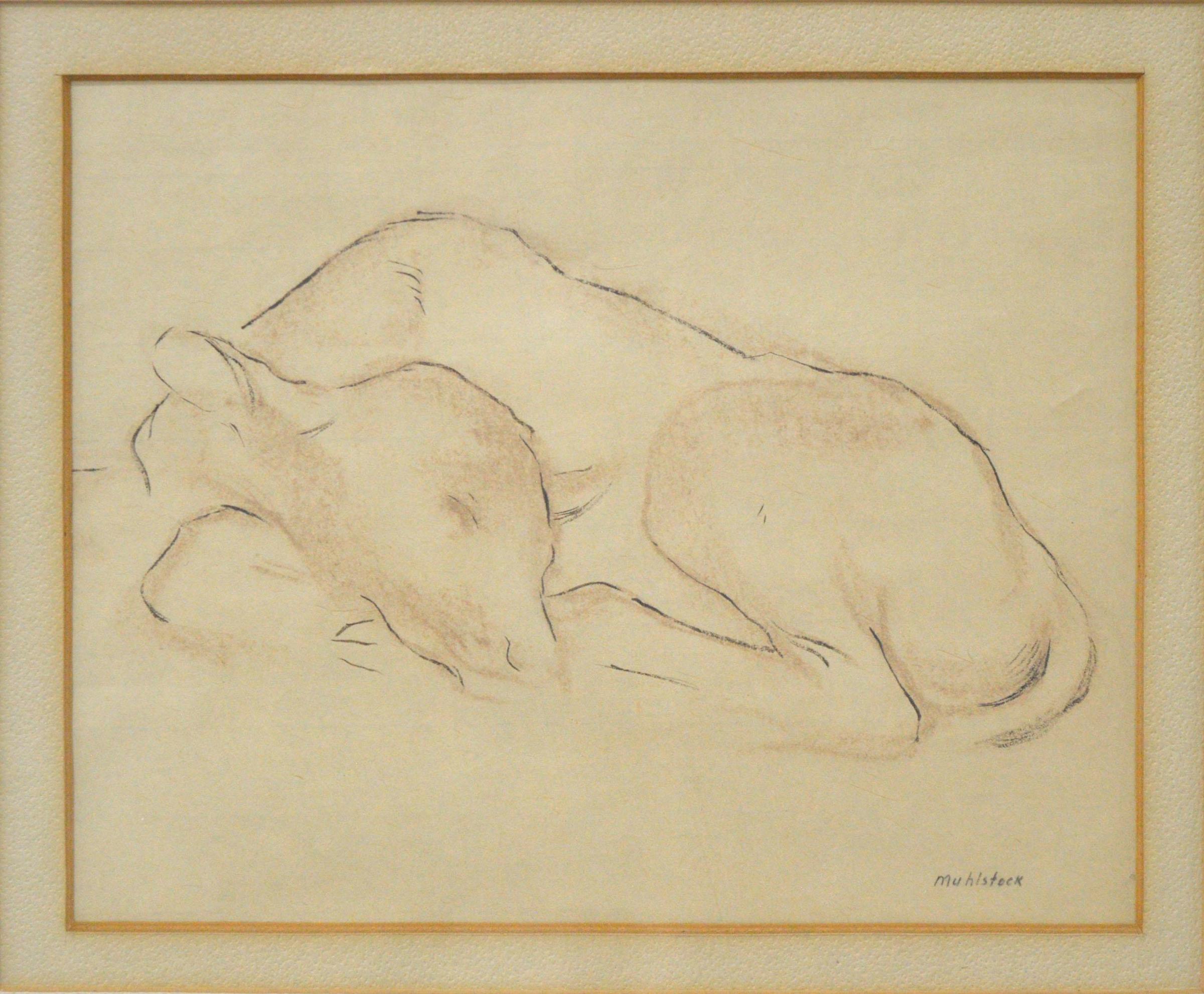 Louis Muhlstock (1904-2001) - Veau au repos, crayons sépia et fusain