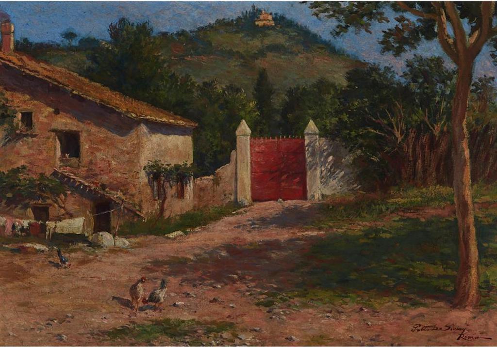 Publio de Simoni (1872-1948) - Chickens In A Gated Villa Farmyard