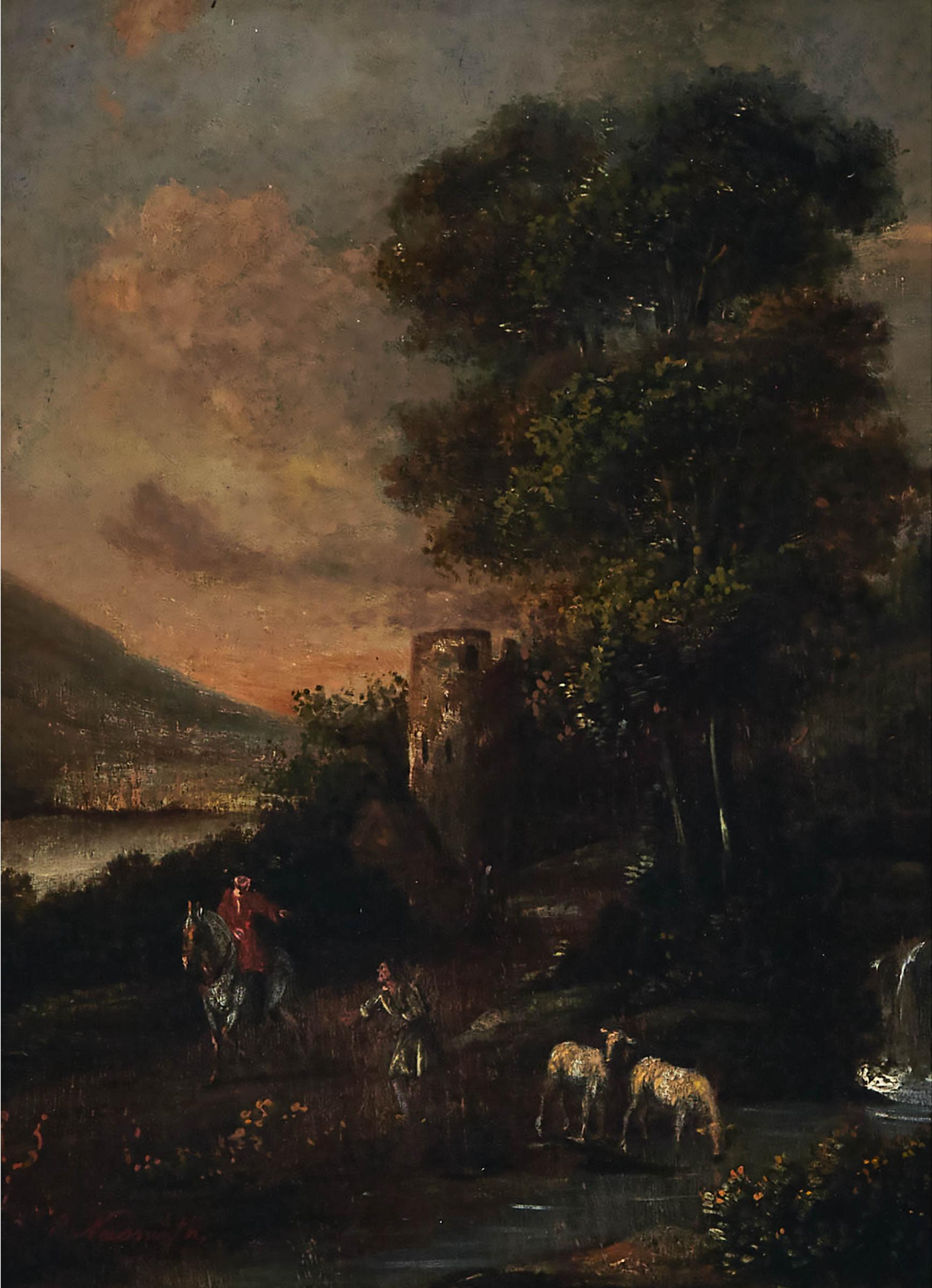 Follower of Patrick Nasmyth (1787-1831) - Mounted Officer Pointing To A Shepherd And His Sheep Near Castle Ruin