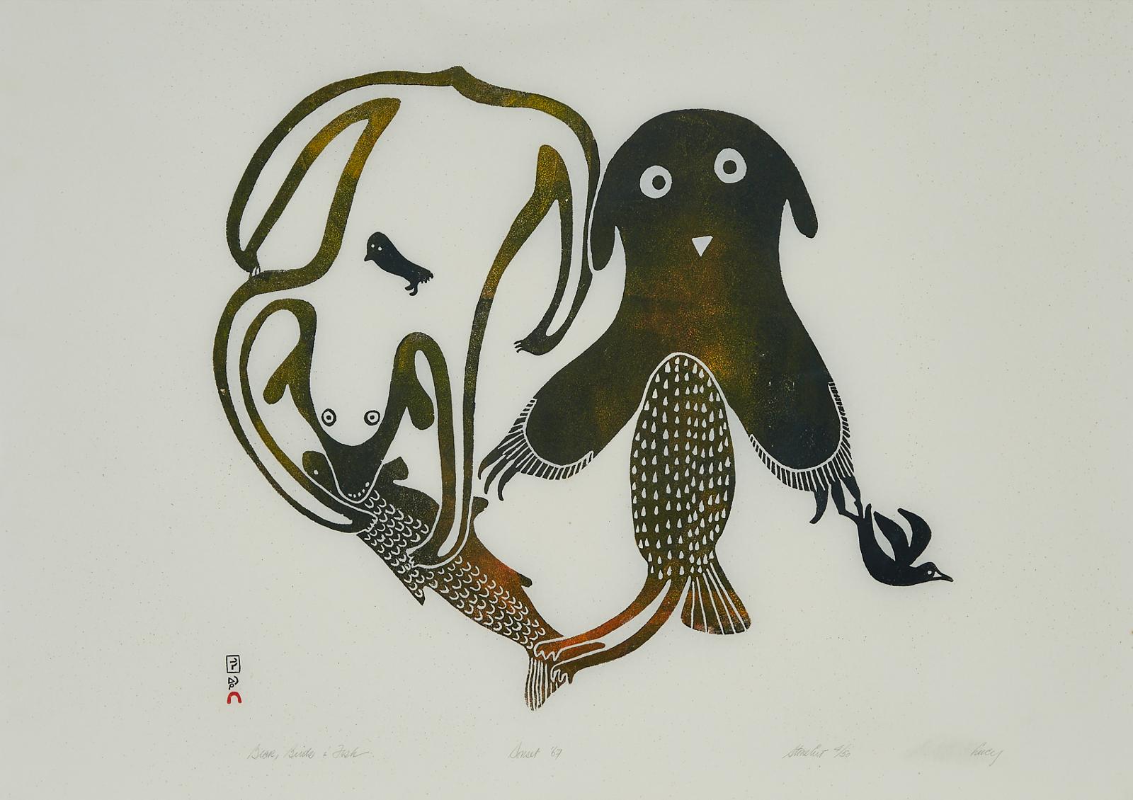 Lucy Qinnuayuak (1915-1982) - Bear, Birds And Fish