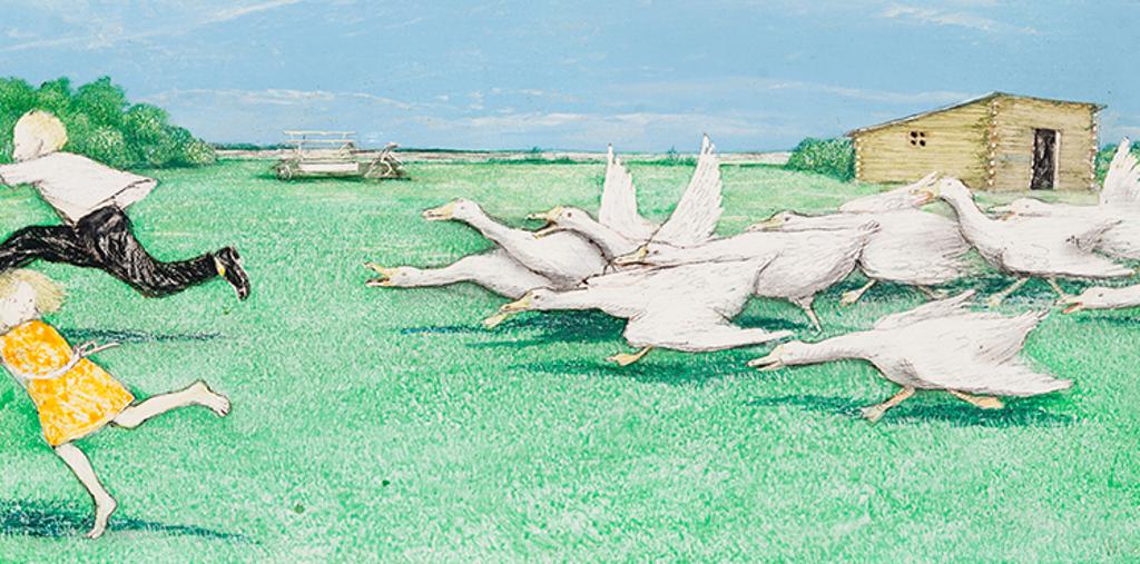 William Kurelek (1927-1977) - Somehow an Angry Goose Makes Discretion Seem the Better Part of Valour
