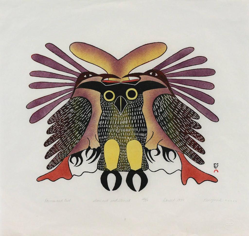 Kenojuak Ashevak (1927-2013) - Ravens And Owl; 1979