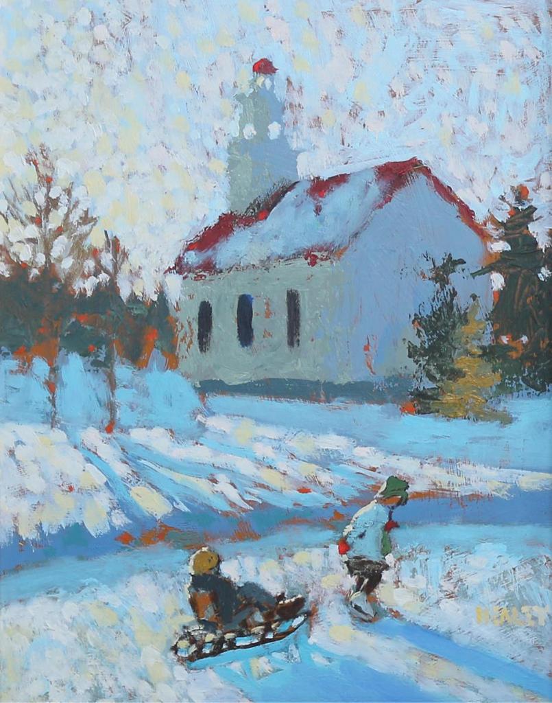 Paul Healey (1964) - Winter Scene, Children With Sled