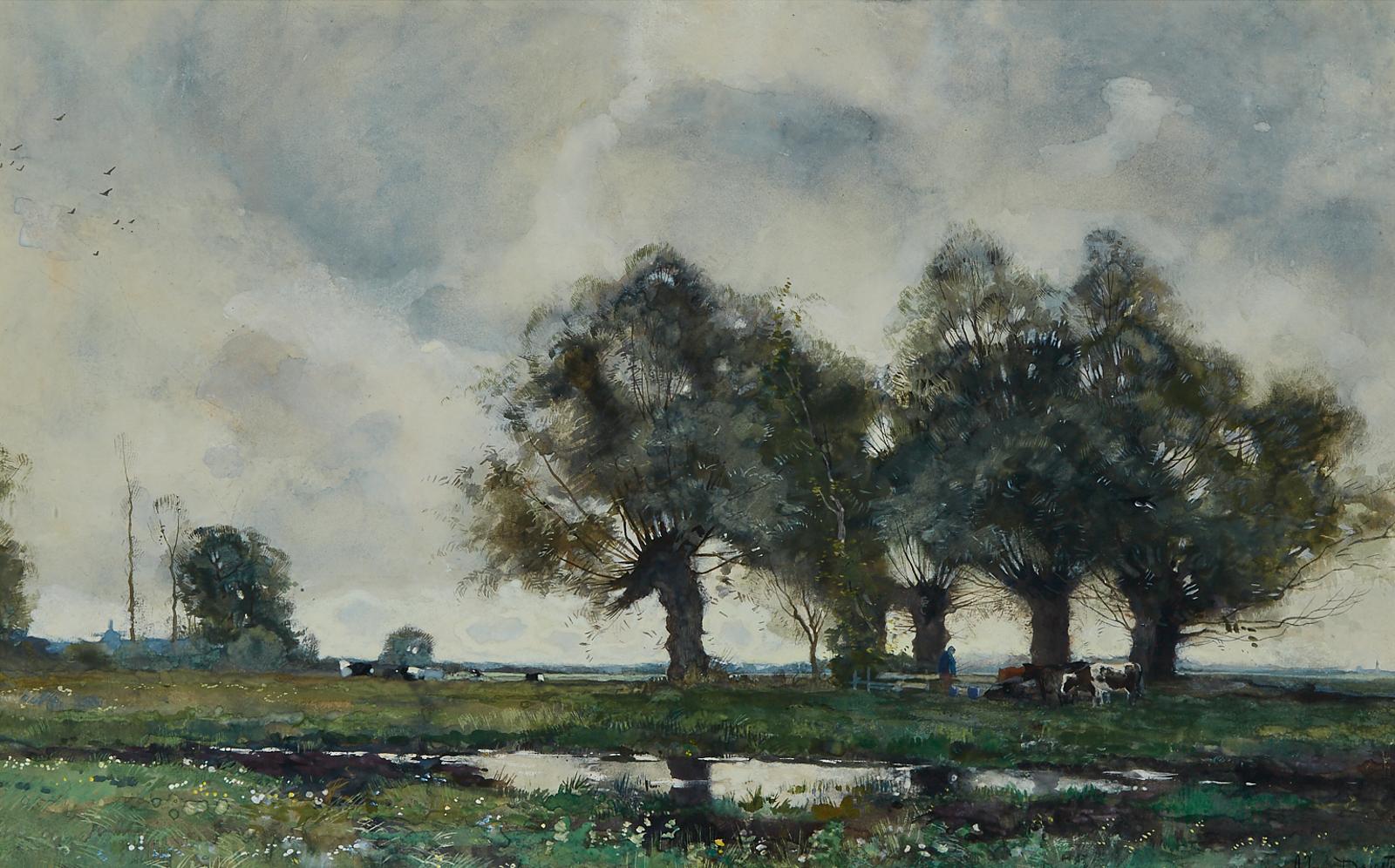 Arend Jan Van Driesten (1878-1969) - Stormy Weather (Woman Tending Cows In An Extensive Polder Landscape)