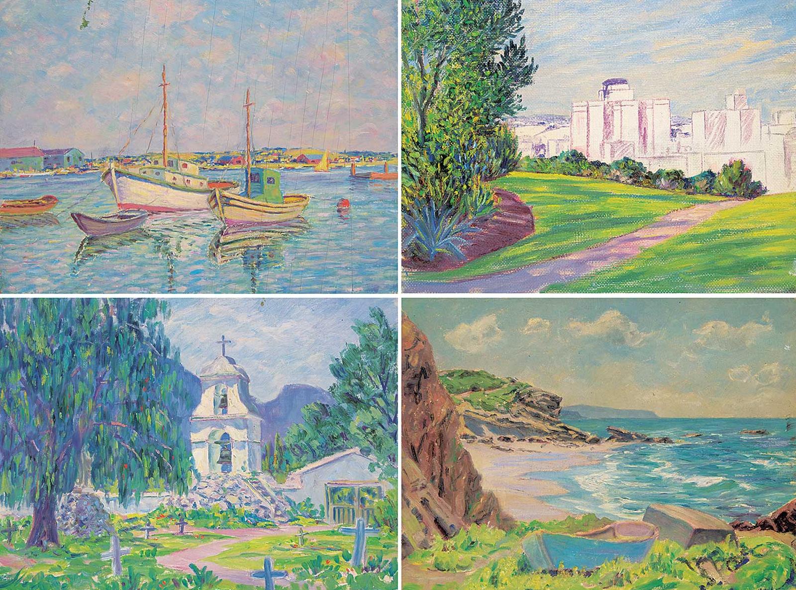 Arthur Kellet - Lot of Four Paintings [Chapel / Fishing Boats / Cove / Unfinished Cityscape]