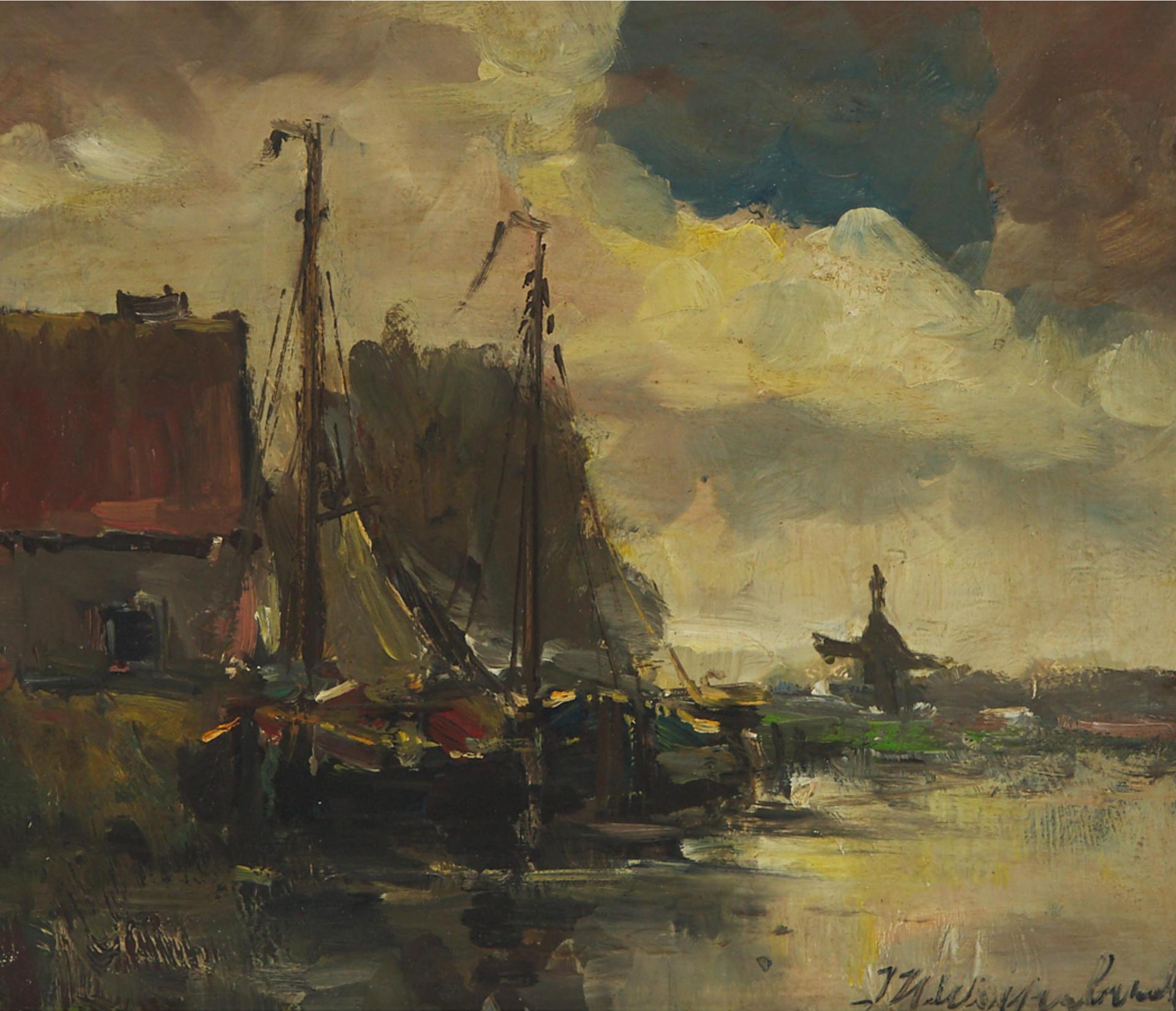 Jan (Johan) Hendrik Weissenbruch (1824-1903) - Boats Moored On A Dutch Country Canal