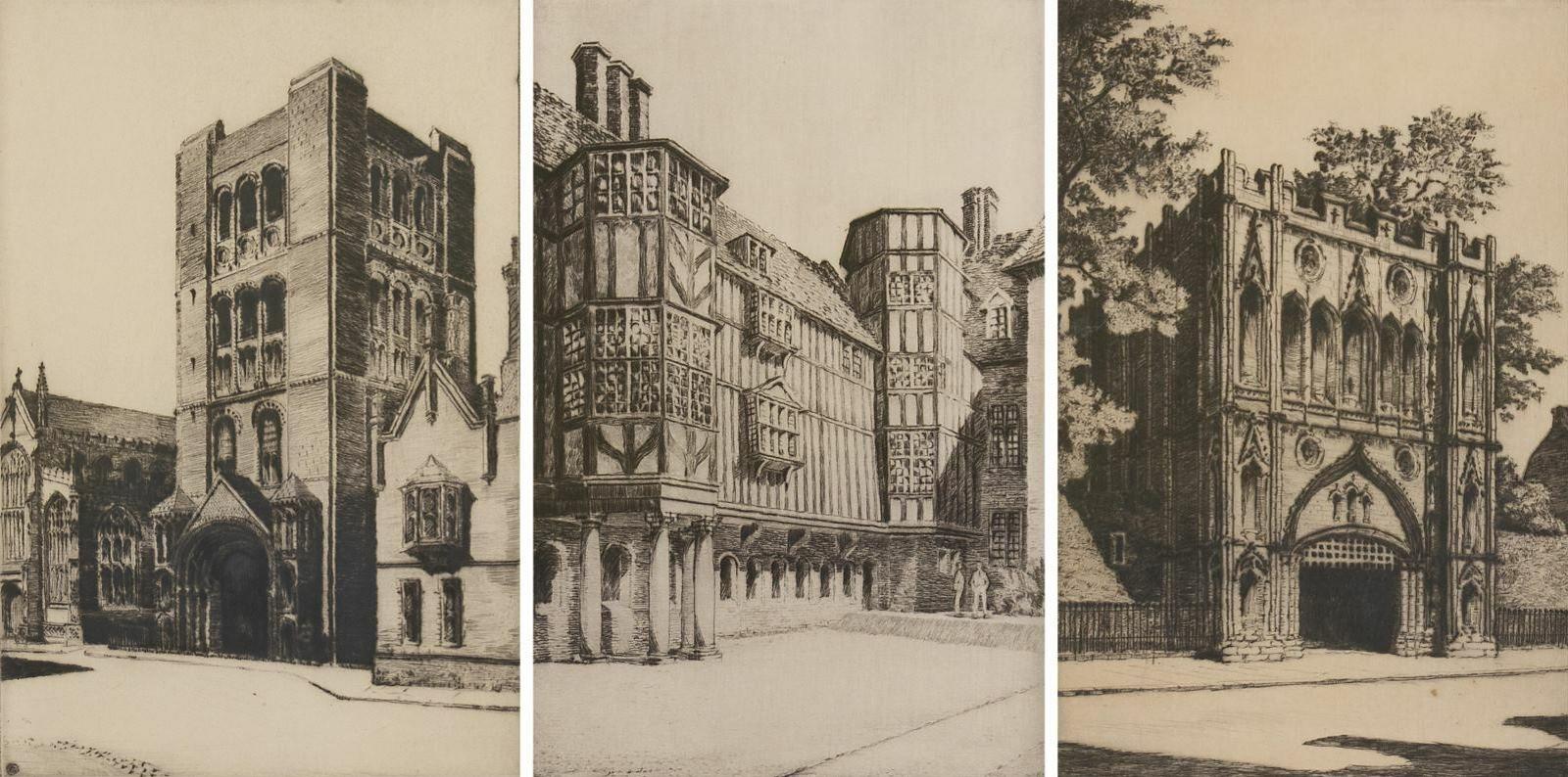 Sybil Andrews (1898-1992) - The Norman Tower, Bury St Edmunds / Cambridge, The Cloister Court, Queens College /  The Abbey Gate, Bury St Edmunds