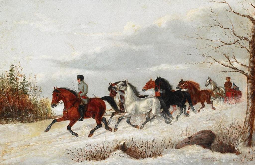 Frederick S. Barnjum (1858-1887) - Trader With A String Of Horses Pulling A Red Sleigh