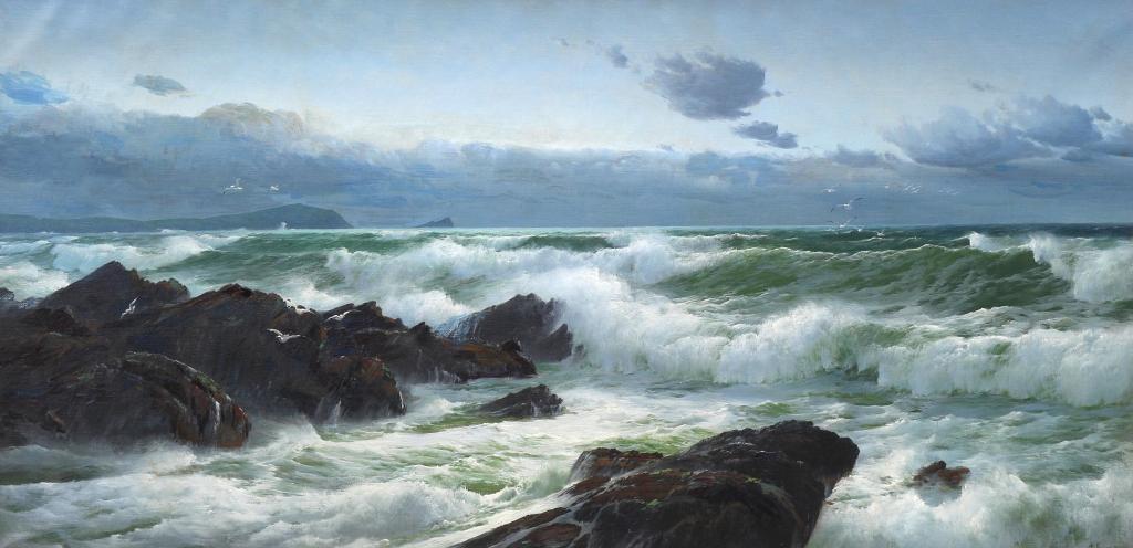 David A. James (1853-1904) - Fistral Bay Cornwall, Evening; 1896