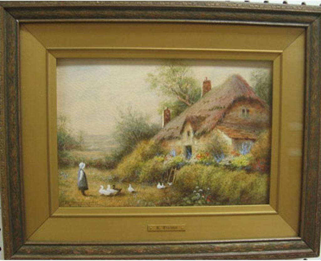 W. Thornton - Girl And Geese Outside Of Thatched Cottage