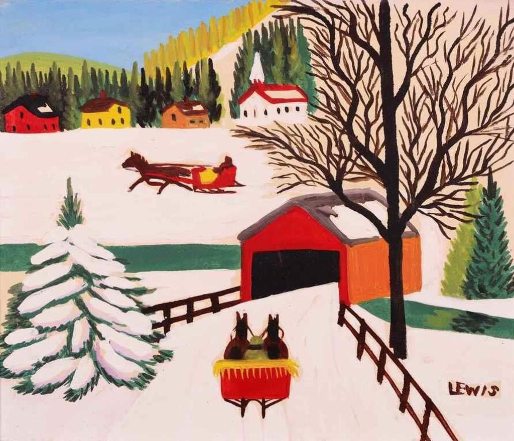 Maud Kathleen Lewis (1903-1970) - Covered Bridge And Sleighs In Winter; Ca 1963