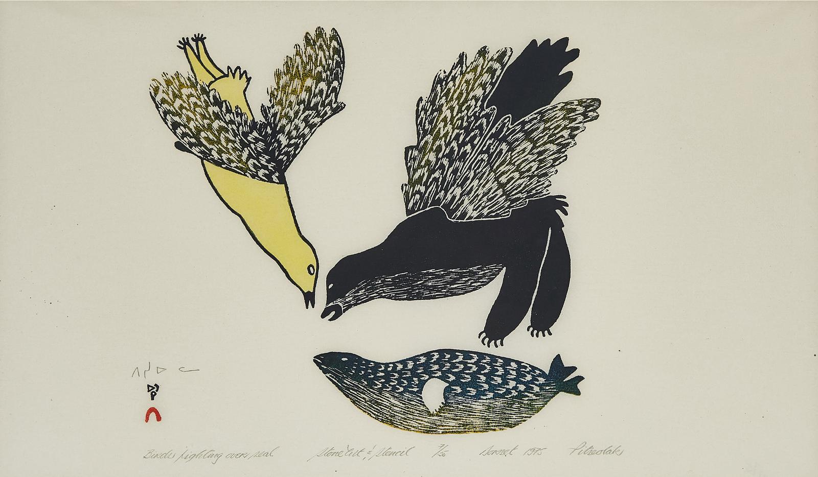 Pitseolak Ashoona (1904-1983) - Birds Fighting Over Seal