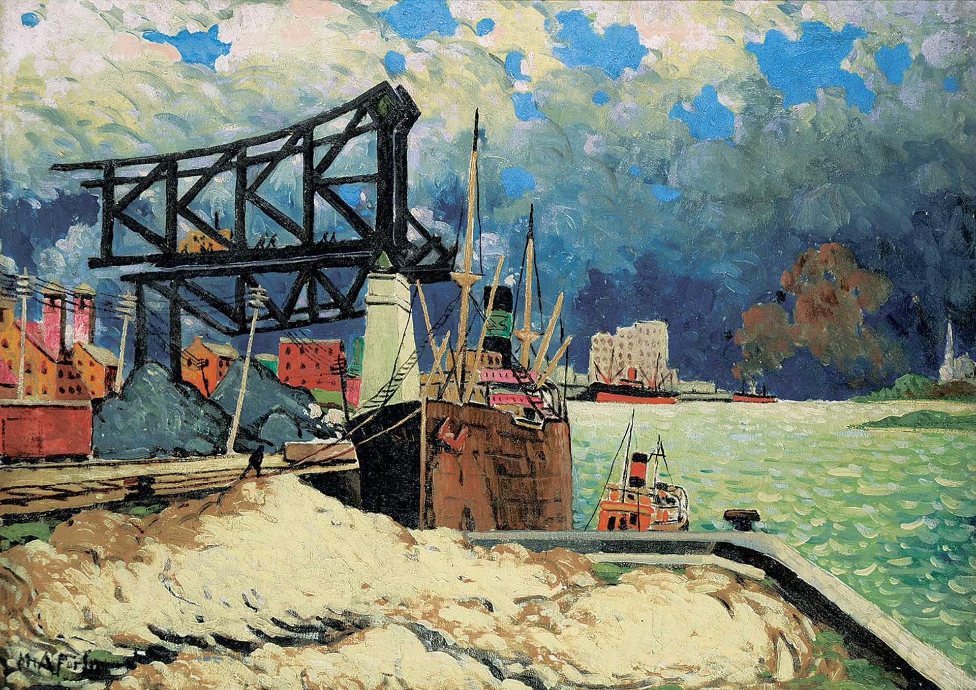 Marc-Aurèle Fortin (1888-1970) - The Sandpile, Harbour Scene, Montreal [Le Pont Jacques Cartier en Construction]