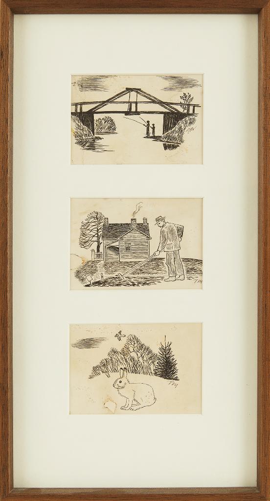 Thoreau MacDonald (1901-1989) - Fishing Under Log Bridge Near Thornhill; Farmer Hoeing; Rabbit and Flying Bird