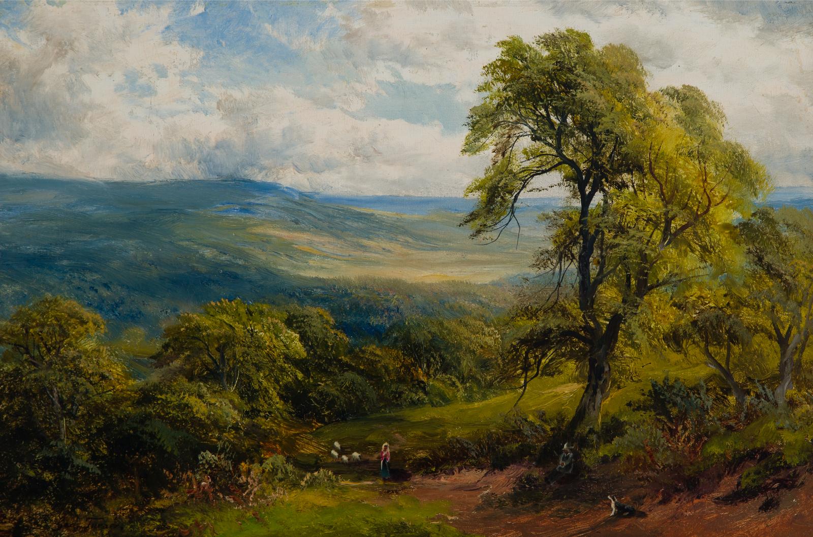 George Turner the Younger (1843) - Hillside Pastures With Grazing Sheep And Women In The Field