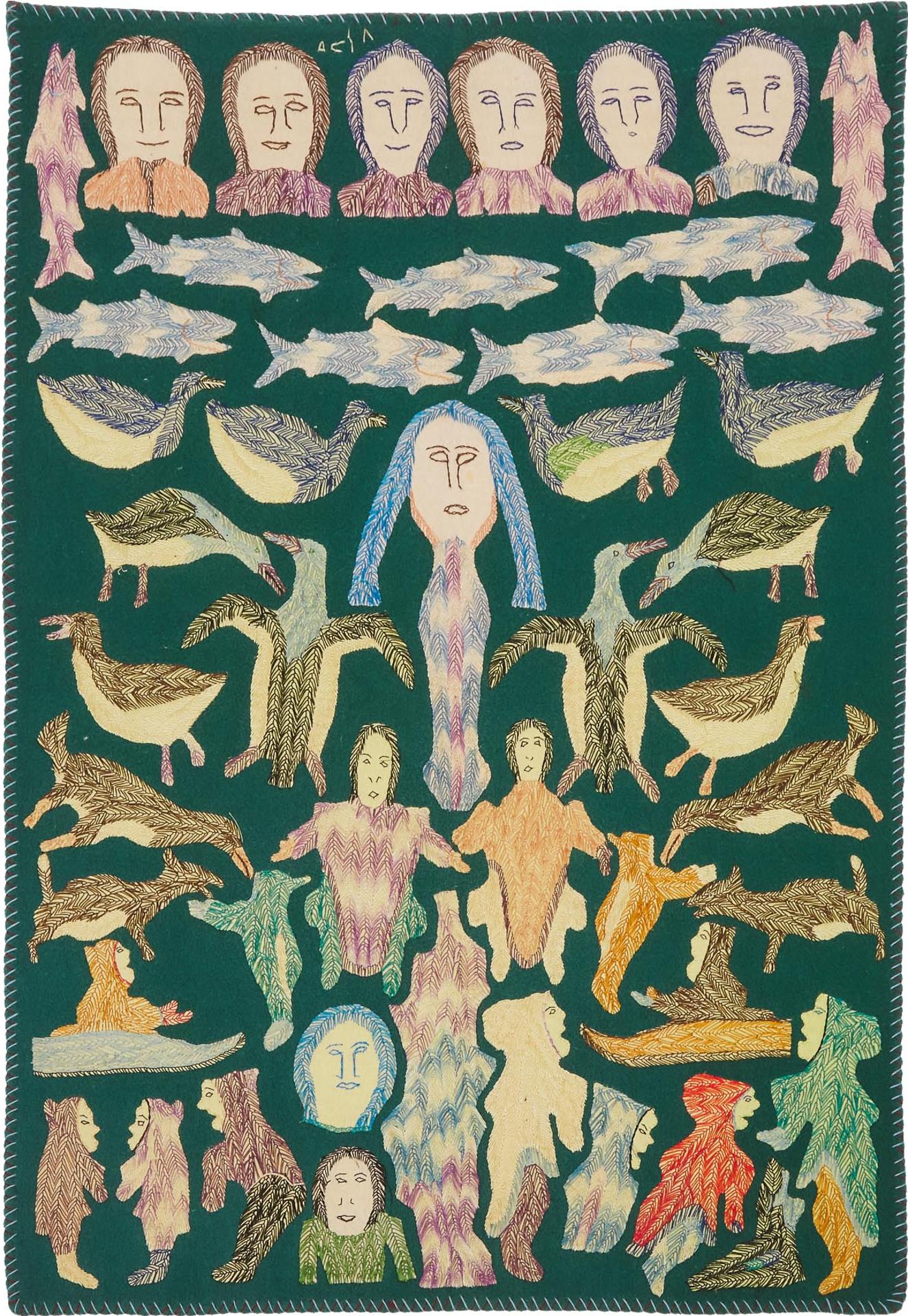 Elizabeth Angrnaqquaq (1916-2003) - Composition With Figures, Fish, And Fowl, Ca. 1985