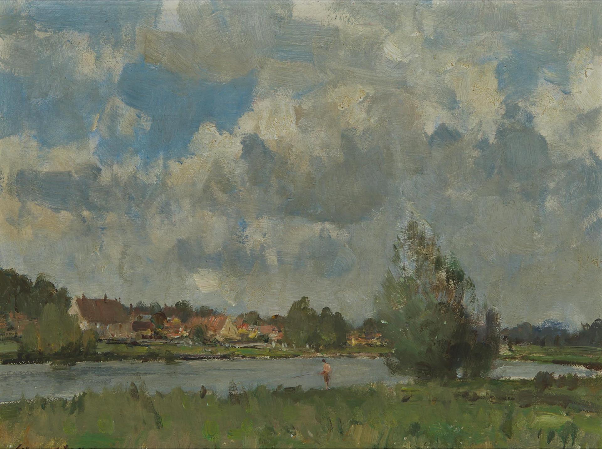 Edward Brian Seago (1910-1974) - Man Fishing At The River With Village Houses On Opposite Shore