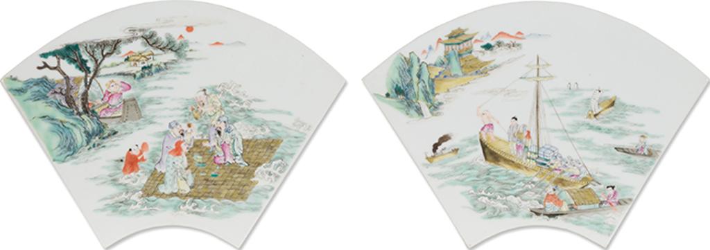 Chinese Art - A Pair of Chinese Famille Rose Fan-Shaped Landscape Panels, Early 20th Century