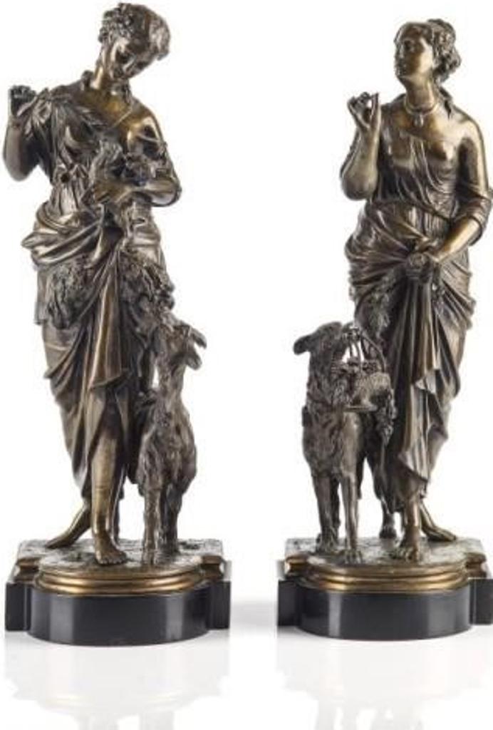 Adalbert Waagen (1833-1898) - Pair of 19th C bronze maidens on shaped plinths. One maiden collecting flowers with her hound. Together with one maiden with goats. Signed Waagen