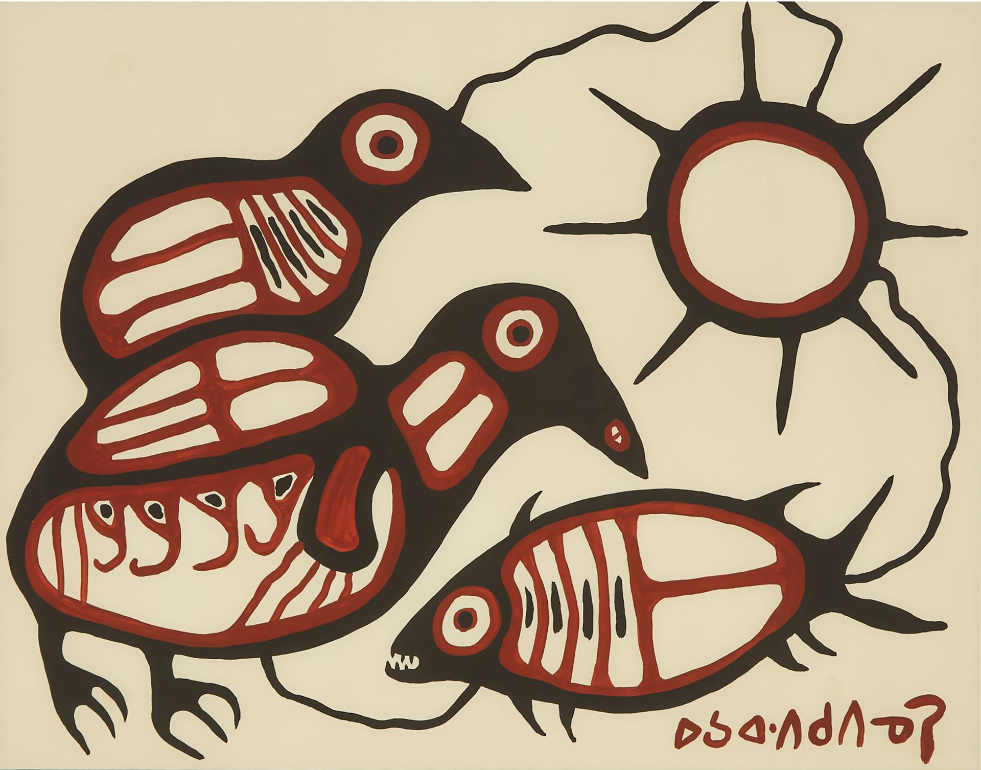 Norval H. Morrisseau (1931-2007) - Mother Bird, Chick And Fish