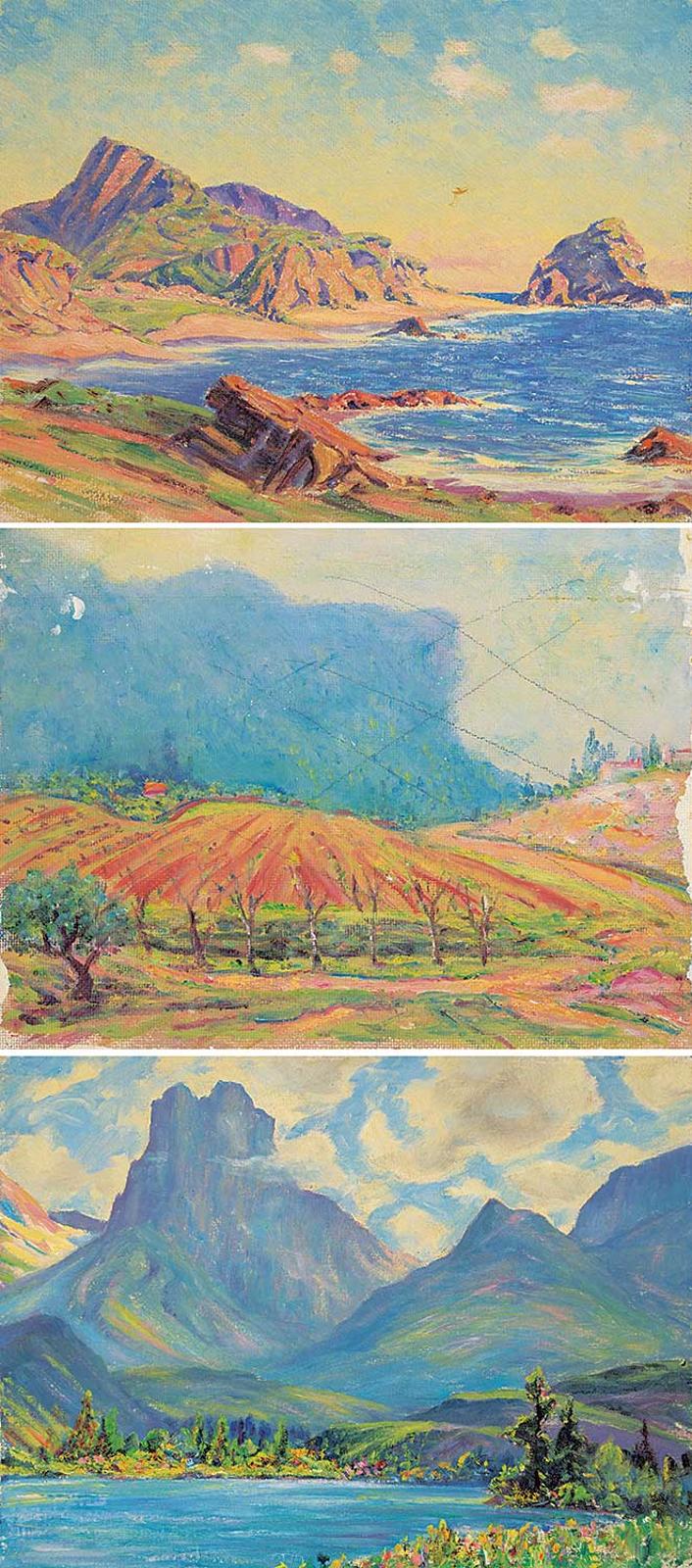Arthur Kellet - Lot of Three Paintings [Mountain Lake / Seascape / Vineyard]